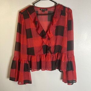 Red and Black Plaid Ruffle Top Sz XS